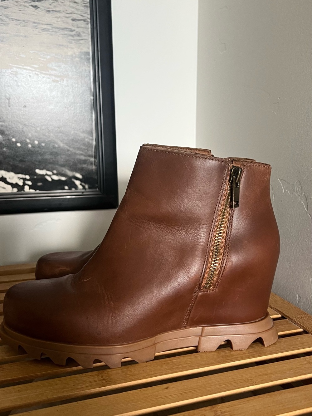 Sorel Brown Leather Wedge Ankle Boot with Side Zip